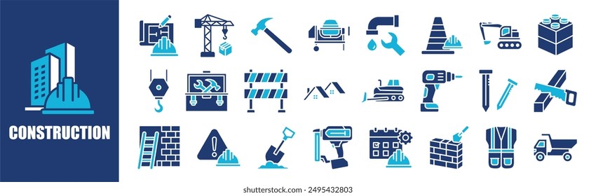 Construction icon collection set. Containing design, engineering, equipment, industry, development,and more. Solid vector icons collection.	