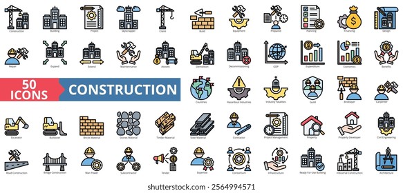 Construction icon collection set. Containing building, project, skyscraper, crane, build, equipment, prepared icon. Simple flat outline vector illustration