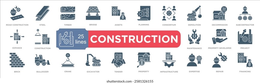 Construction icon collection set. Containing project,property developer,maintenance,financing,repair.,expertise,Infrastructure,property,Tender,excavator,bulldozer icon. Simple line vector.