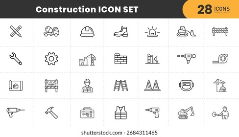 Conjunto de colección de iconos de construcción. Contiene edificio, proyecto, rascacielos, grúa, construcción, equipo, icono preparado.	