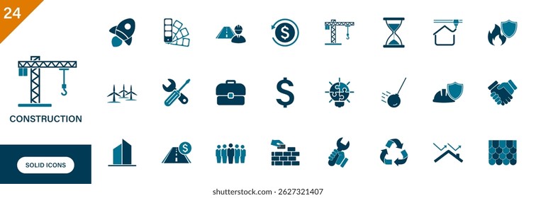 Construction icon. Containing build, 3d house printing, dismantling, roof, safety, crane, engineering. Solid vector icons set.