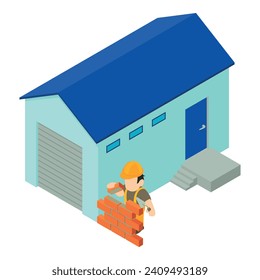 Bausymbol isometrischer Vektorgrafik. Arbeiterhalle in der Nähe des Versorgungsbaus. Baustelle, Maurer