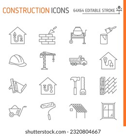 Construction icon line set, building vector collection, logo illustrations, repair vector icons, outline style pictogram pack, editable stroke icons.