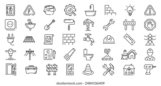 Construction icon. Construction linear icons set. Line art style icons.
