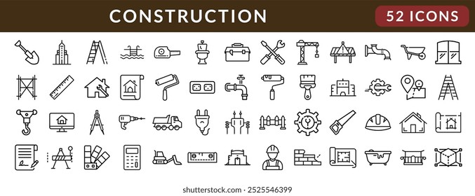 Construction Icon Pack Featuring Building Tools Equipment and Structures thin line icon set