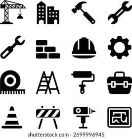 Bausymbolpaket Modernes Bauen, Werkzeuge Engineering Vektorsymbole