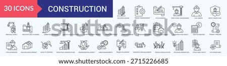 Construction Icon Pack Outline Illustration Vector with  building, design, project, management, site, planning, structural, engineering, civil, works, safety, inspection, material