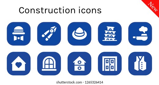  construction icon set. 10 filled construction icons. Simple modern icons about  - Hat, Plier, Pisa, Pipe, Home, Window, House, Double door, Vest