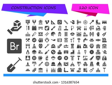 construction icon set. 120 filled construction icons.  Collection Of - Cube, Shovel, Bridge, Project, Pipe, Electric tower, Vimeo, Set square, Size, Ladder, Atom, Boots, Screw