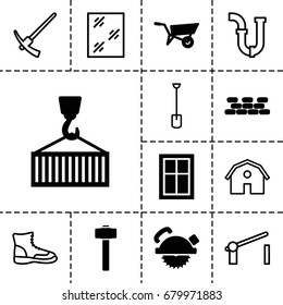 Construction icon. set of 13 filled and outline construction icons such as wheel barrow, window, saw blade, garden hammer, cargo on hook, brick wall, barn, pipe, shovel