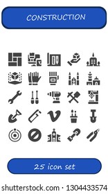 construction icon set. 25 filled construction icons.  Simple modern icons about  - Floor, Paint roller, Architecture, Cube, Skyscrapper, Gloves, Chartres cathedral, Qutb minar