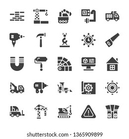 Construction icon set. Set of 25 Glyph  style icons such as crane, saw, hammer, magnet, and drill. Suitable for industrial and construction theme - Vector Illustration