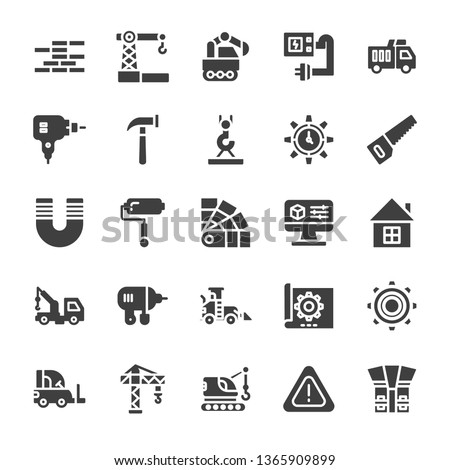 Construction icon set. Set of 25 Glyph  style icons such as crane, saw, hammer, magnet, and drill. Suitable for industrial and construction theme - Vector Illustration