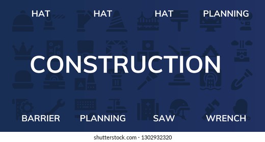  construction icon set. 32 filled construction icons. on blue background style Simple modern icons about  - Hat, Planning, Barrier, Saw, Wrench, Pipe, Factory, Configuration, Cone