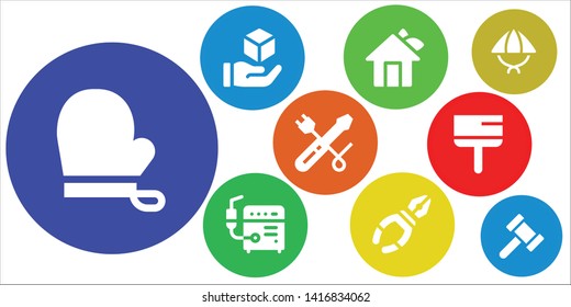 construction icon set. 9 filled construction icons.  Simple modern icons about  - Gloves, Cube, House, Welder, Pliers, Screwdriver, Scraper, Hat, Hammer