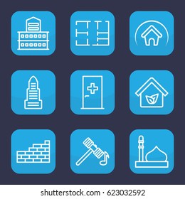 Construction icon. set of 9 outline construction icons such as aid post, mosque, business center, building, hammer, plan, home, eco house