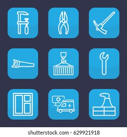 Construction icon. set of 9 outline construction icons such as factory, window, nippers, chainsaw, saw, cargo on hook, hospital, wrench