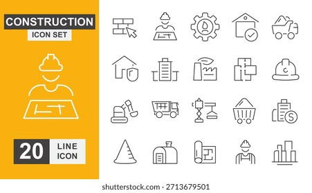 Conjunto de iconos de construcción. Activo, trabajador, trabajo, mano de obra, propiedad, ingeniero y más icono de línea.