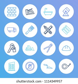 Construction icon set and bathtub with trowel, pliers and pencil with ruler. Staple gun related construction icon vector for web UI logo design.