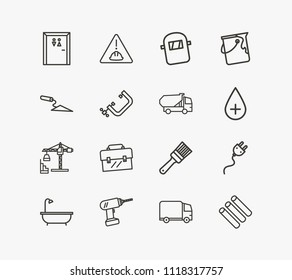 Construction icon set and bathtub with trowel, paint bucket and truck. Clamp related construction icon vector for web UI logo design.