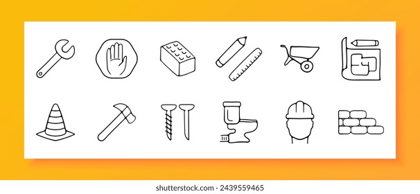 Construction icon set. Bricks, helmet, hammer, key, drawing, cart, ruler, pencil. Black icon on a white background. Vector line icon for business and advertising