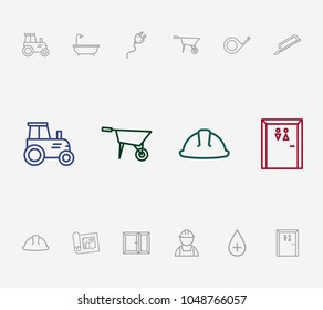 Construction icon set and builder with toilet, wheelbarrow and tractor. Roulette meter related construction icon vector items for web UI logo design.