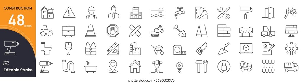 Conjunto de ícones de construção. Ícones de linha relacionados a edifícios e infraestrutura. capacete, guindaste, planta, martelo, tijolos, máquinas, ferramentas, segurança, arquitetura, renovação e muito mais. Traçado editável. 