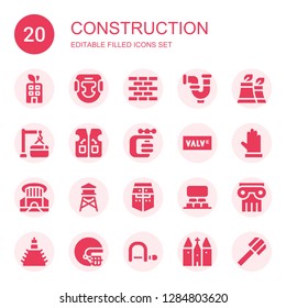 construction icon set. Collection of 20 filled construction icons included Building, Headgear, Brick wall, Pipe, Factory, Maintenance, Vest, Vise, Valve, Gloves, Siam paragon