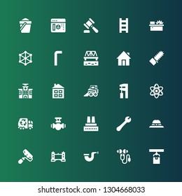 construction icon set. Collection of 25 filled construction icons included Crane, Ear protection, Pipe, Tower bridge, Paint roller, Hat, Wrench, Factory, Garbage truck, Atom, Backhoe