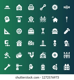 construction icon set. Collection of 36 filled construction icons included Vest, Screwdriver, Paint can, Glove, Hammer, Wrench, Bridge, Saw, Bungalow, Pipe, Gloves, Tree house