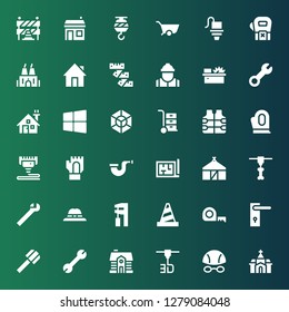 construction icon set. Collection of 36 filled construction icons included Church, Goggles, d printer, House, Wrench, Shovel, Door handle, Measuring tape, Cone, Hat, Hut, Architecture