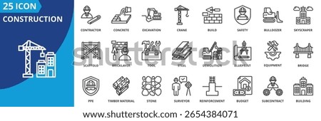 construction icon set collection in outline style. an icon pack contain equipment, contractor, crane, build, bulldozer, skyscraper, scaffold, bricklayer, tool, steel, demolition, excavation