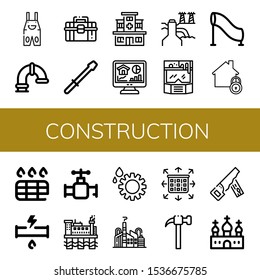 construction icon set. Collection of Overall, Pipe, Toolbox, Screwdriver, Hospital, Home, Power plant, Helmet, Tunnel, Drain, Broken pipe, Valve, Oil rig, Gear, Factory icons