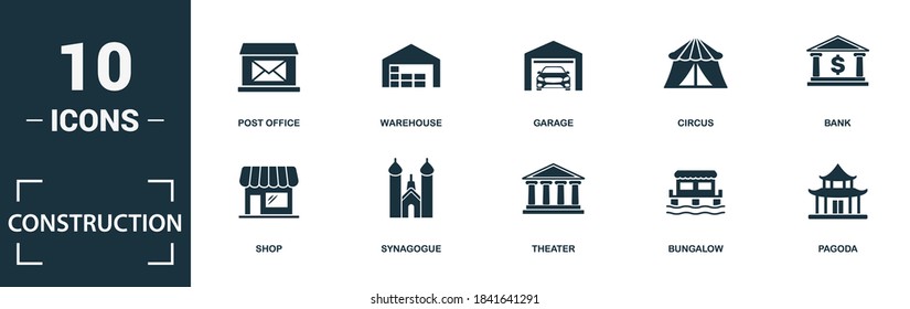 Construction icon set. Collection of simple elements such as the church, townhouse, shop, synagogue. Construction theme signs.
