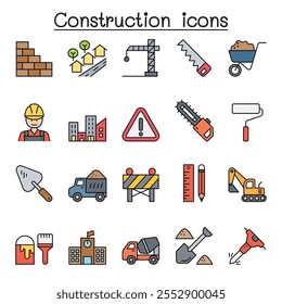 Construction icon set in color line style