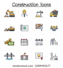Construction icon set in color line style