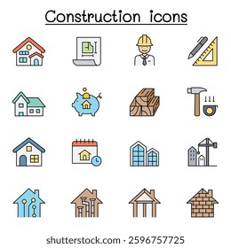 Construction icon set in color line style