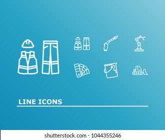 Construction icon set and color swatch with torch, protective clothes and bulldozer. Flame related construction icon vector items for web UI logo design.