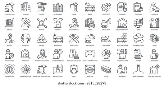 Construction Icon Set. Containing building, project, repair, contractor, property, industrial, architecture Icon. Simple Black Outline Vector 