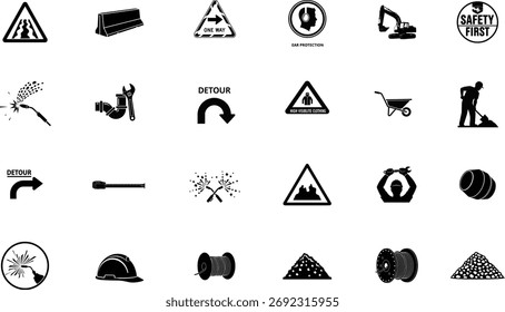 Construction icon set. Containing crane, building, excavator, maintenance, contractor, worker, architecture and more. Solid icons vector bundle