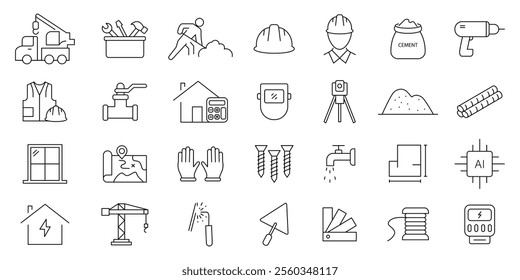 construction icon set. containing home, Construction tools,  building,  helmet and more. editable stroke thin outline icon collection.
