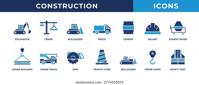 Construction icon set. Contains blue icons related to excavator, crane, helmet, bulldozer, safety vest, and more.