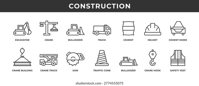 Construction icon set. Contains line icons related to excavator, crane, helmet, bulldozer, safety vest, and more.