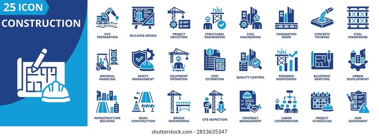 construction icon set contains site preparation, building design, project execution, structural engineering, foundation work, concrete pouring, steel framework, material handling, safety management