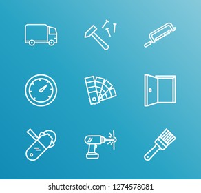 Construction icon set and door with grinders, color swatch, handsaw. Angle saw related construction icon vector for web UI logo design.