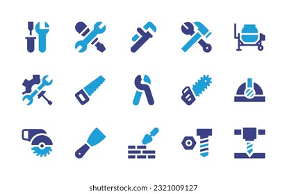 Construction icon set. Duotone color. Vector illustration. Containing construction tool, construction and tools, plumbing, wrench, concrete mixer, repair, saw, pliers, chainsaw, hard hat, circular saw