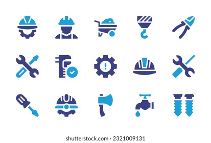 Construction icon set. Duotone color. Vector illustration. Containing engineering, engineer, asbestos, hook, plier, support, caliper, warning, helmet, repair, screwdriver, axe, faucet, screws. 