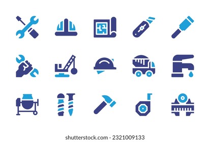 Bausymbol eingestellt. Duotonfarbe. Vektorgrafik. Mit Werkzeugen, Konstruktion und Werkzeugen, Innenausbau, Schneider, Kessel, Abbruchkran, Helm, Müllwagen, Wasserhahn, Betonmischer.