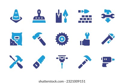 Construction icon set. Duotone color. Vector illustration. Containing cone, spatula, construction tools, brick wall, low, cement, hammer, miter saw, wrench, caliper, hammer tool, sawing, jackhammer.