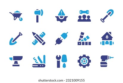 Construction icon set. Duotone color. Vector illustration. Containing wheelbarrow, axe, risk management, technical support, shovel, design, plug, paint, sewage, anvil, utility knife, tools, cogwheel.